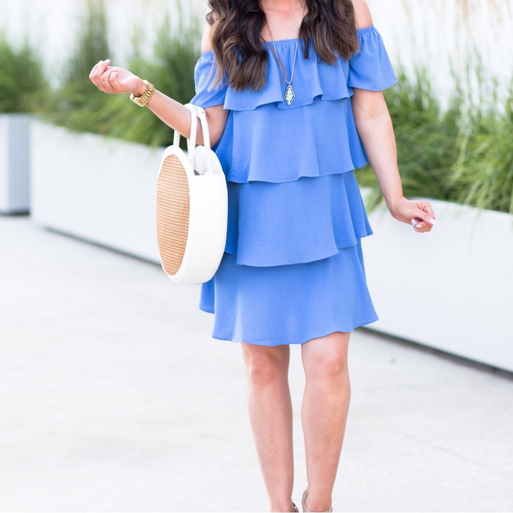 Blue Off the Shoulder Ruffle Mini Dress